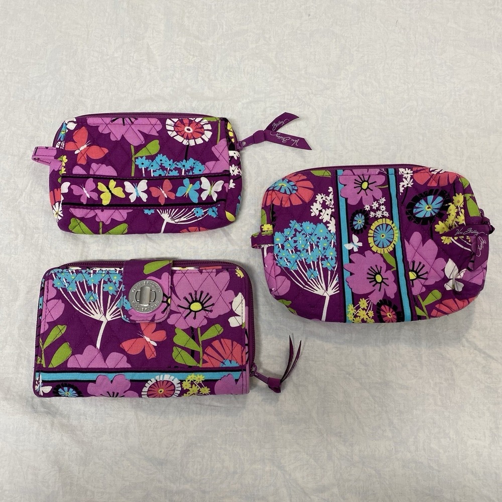 Vera Bradley 3P Set Wallet & Cosmetic Bag & Coin Pouch Purple Floral Quilted Zip